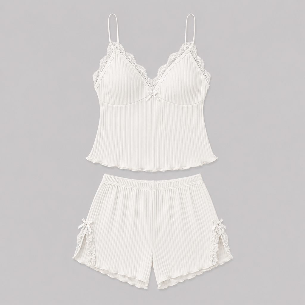 Ivory Ribbed Lace Trim Cami & Shorts Set