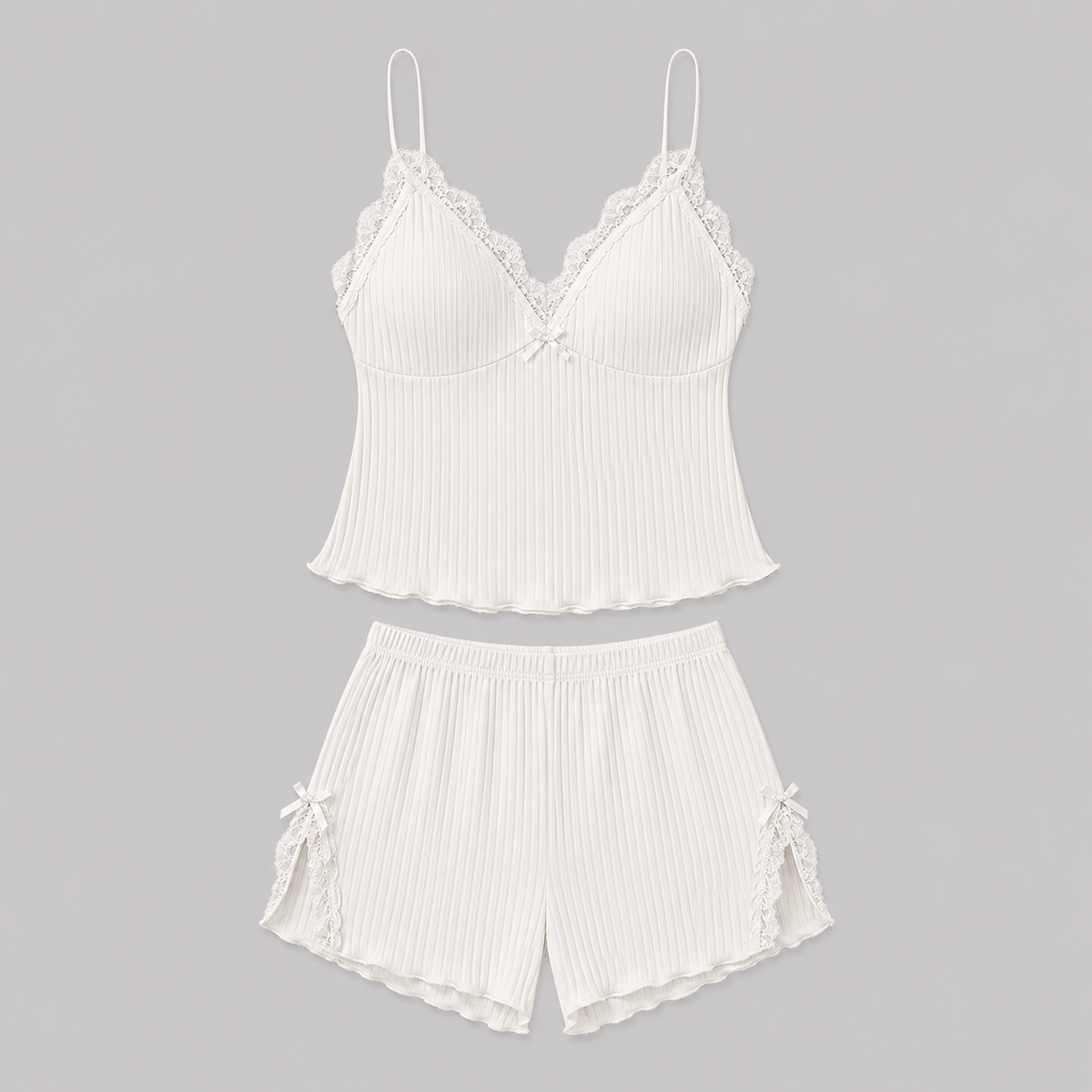 Ivory Ribbed Lace Trim Cami & Shorts Set