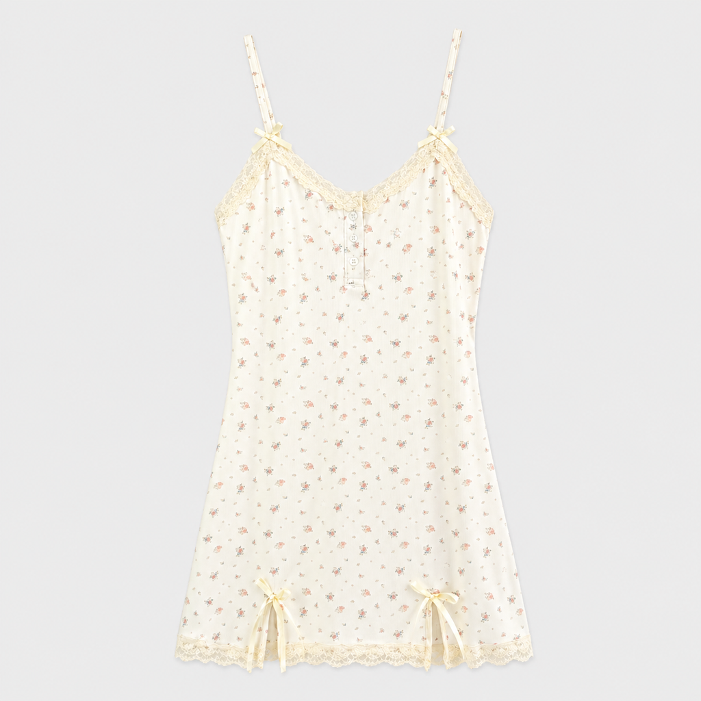 Cream Ditsy Floral Bow Detail Mini Dress