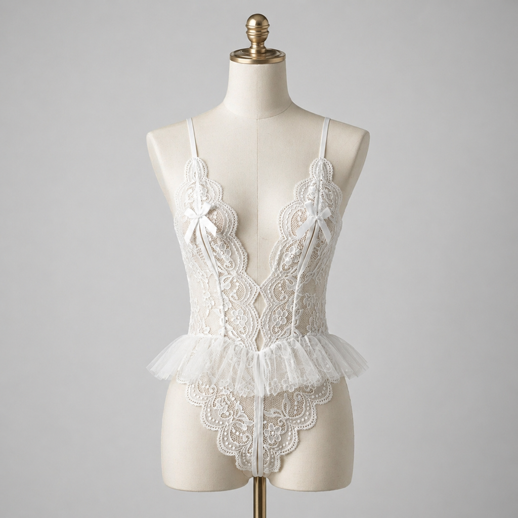 White Floral Lace Deep V Tulle Peplum Bodysuit