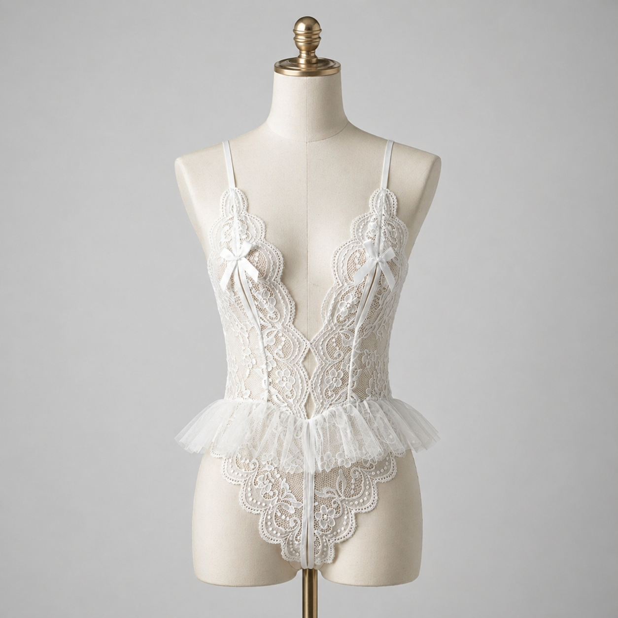 White Floral Lace Deep V Tulle Peplum Bodysuit