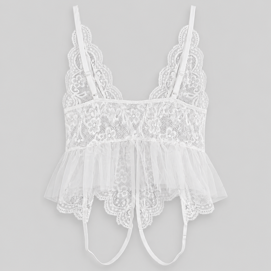 White Floral Lace Deep V Tulle Peplum Bodysuit