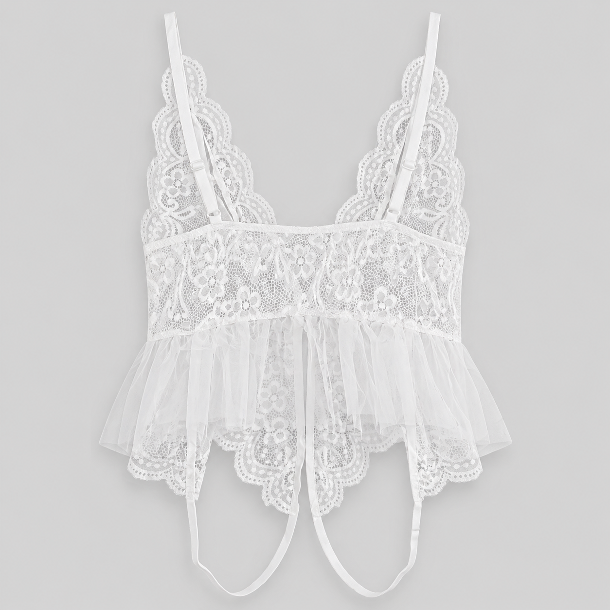 White Floral Lace Deep V Tulle Peplum Bodysuit