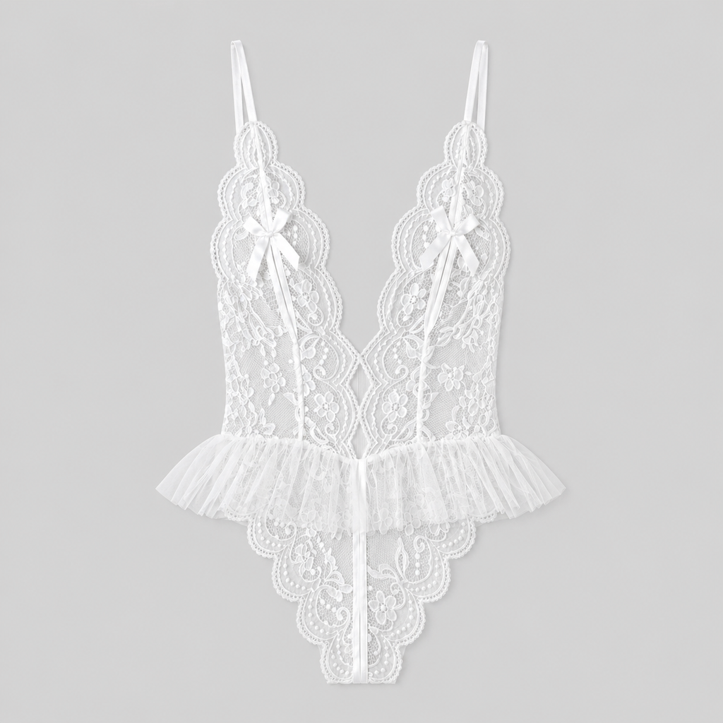 White Floral Lace Deep V Tulle Peplum Bodysuit