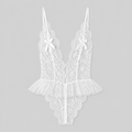 White Floral Lace Deep V Tulle Peplum Bodysuit