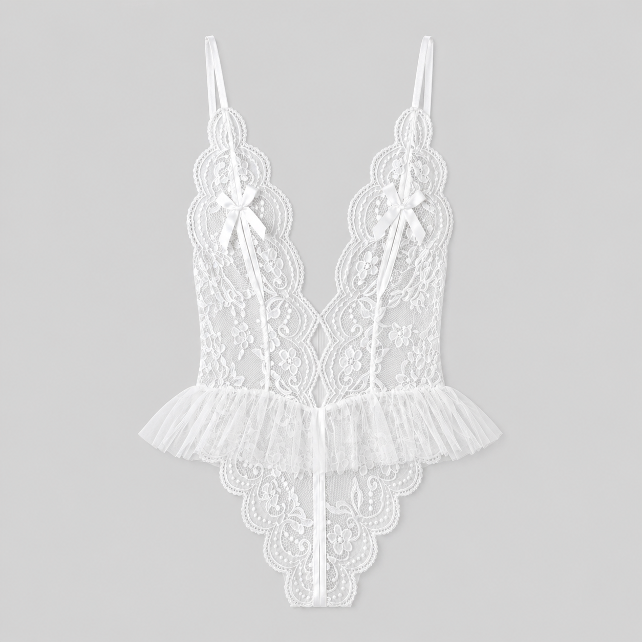 White Floral Lace Deep V Tulle Peplum Bodysuit