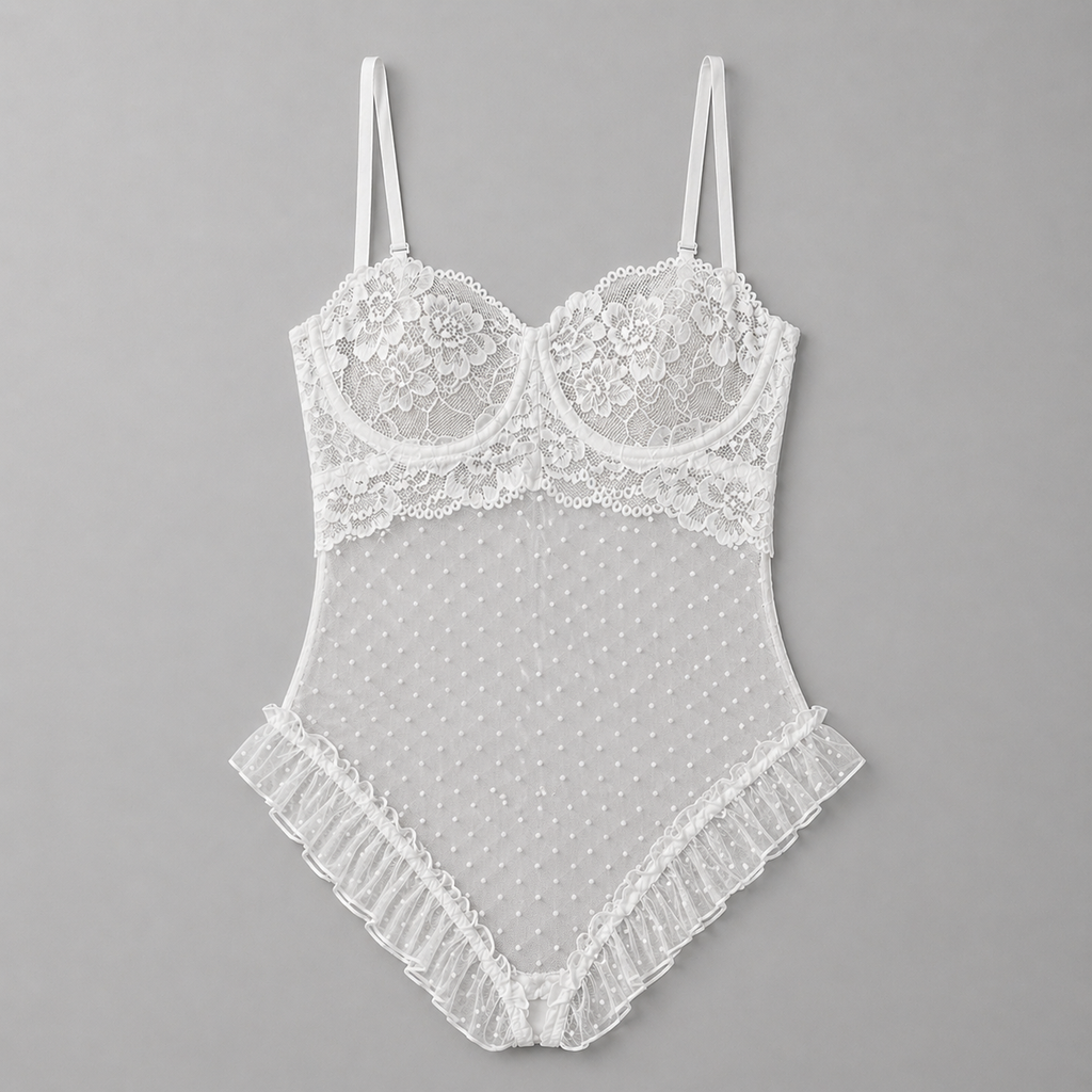 White Lace Bustier Polka Dot Mesh Ruffle Bodysuit