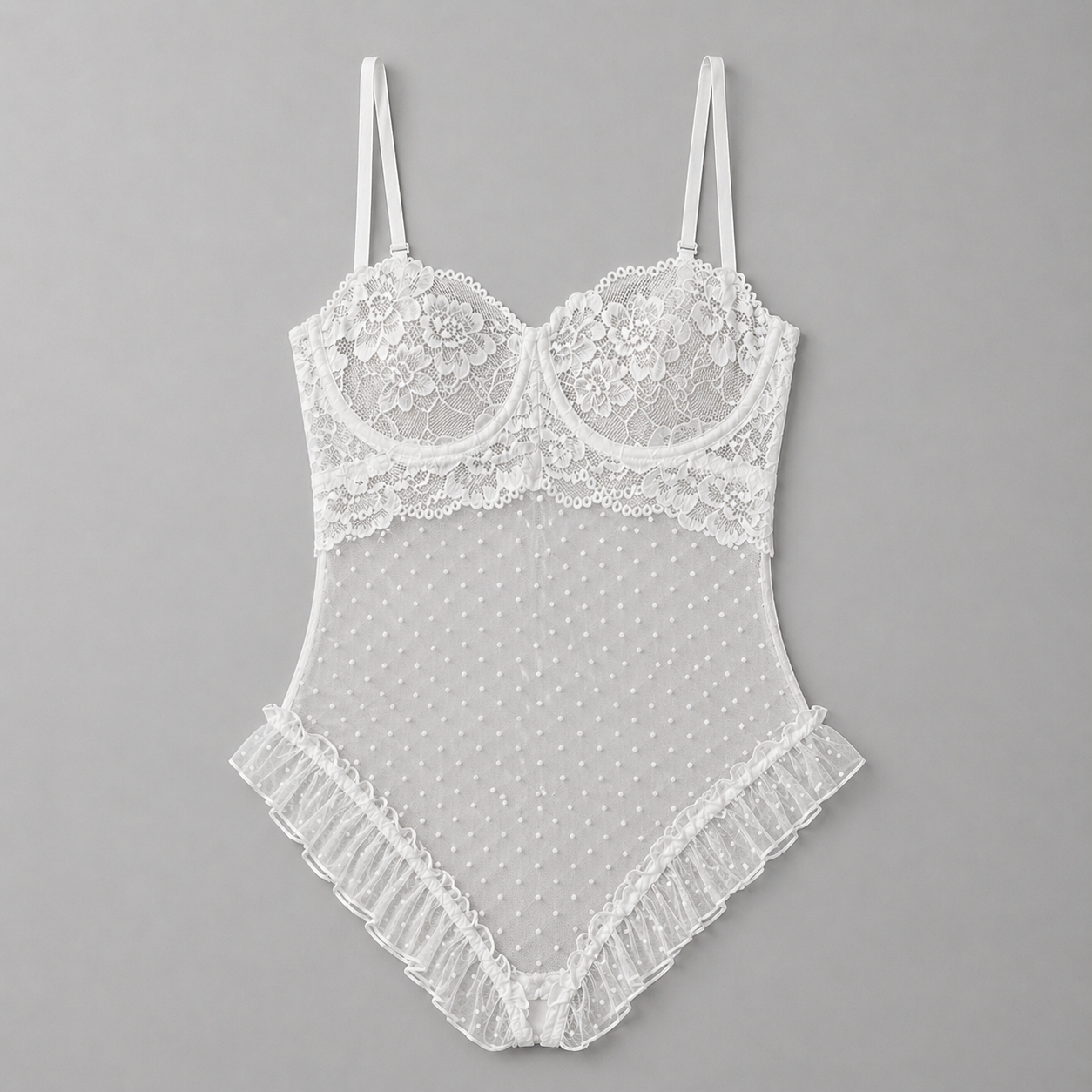 White Lace Bustier Polka Dot Mesh Ruffle Bodysuit