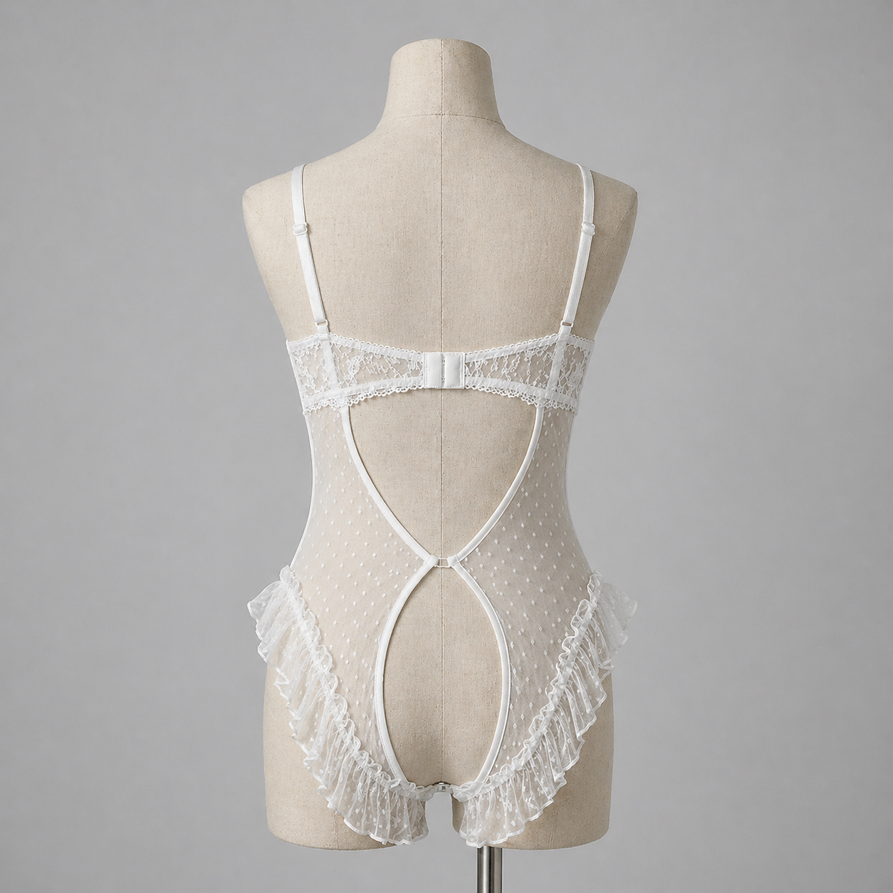 White Lace Bustier Polka Dot Mesh Ruffle Bodysuit