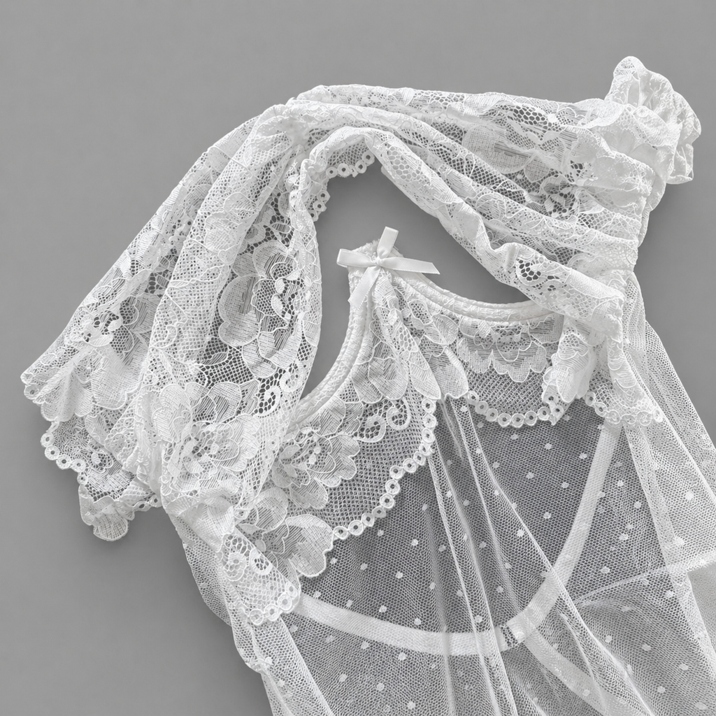 White Lace Bustier Polka Dot Mesh Ruffle Bodysuit