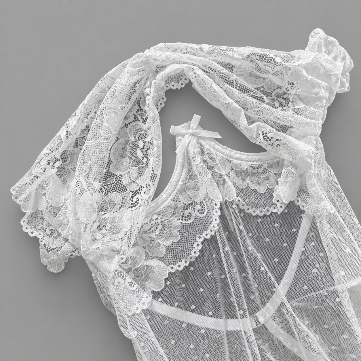 White Lace Bustier Polka Dot Mesh Ruffle Bodysuit