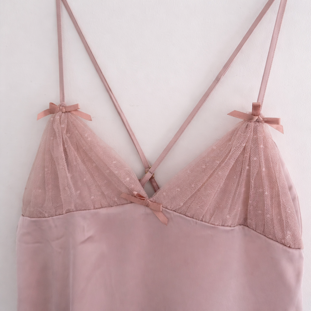 Blush Satin Mesh Ruffle Mini Slip Dress