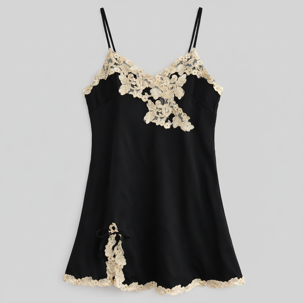 Black Satin Lace Appliqué Slip Dress