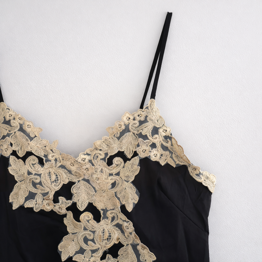 Black Satin Lace Appliqué Slip Dress