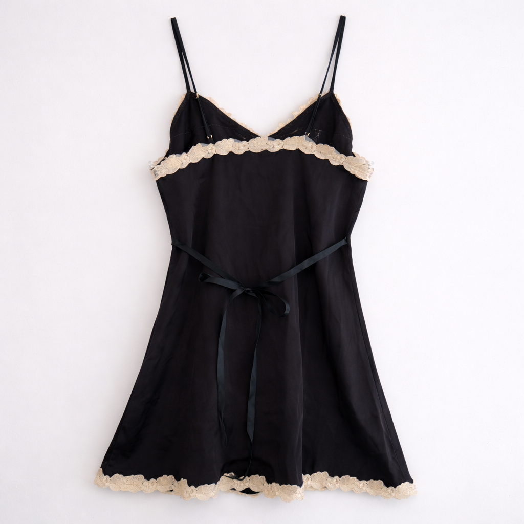 Black Satin Lace Appliqué Slip Dress