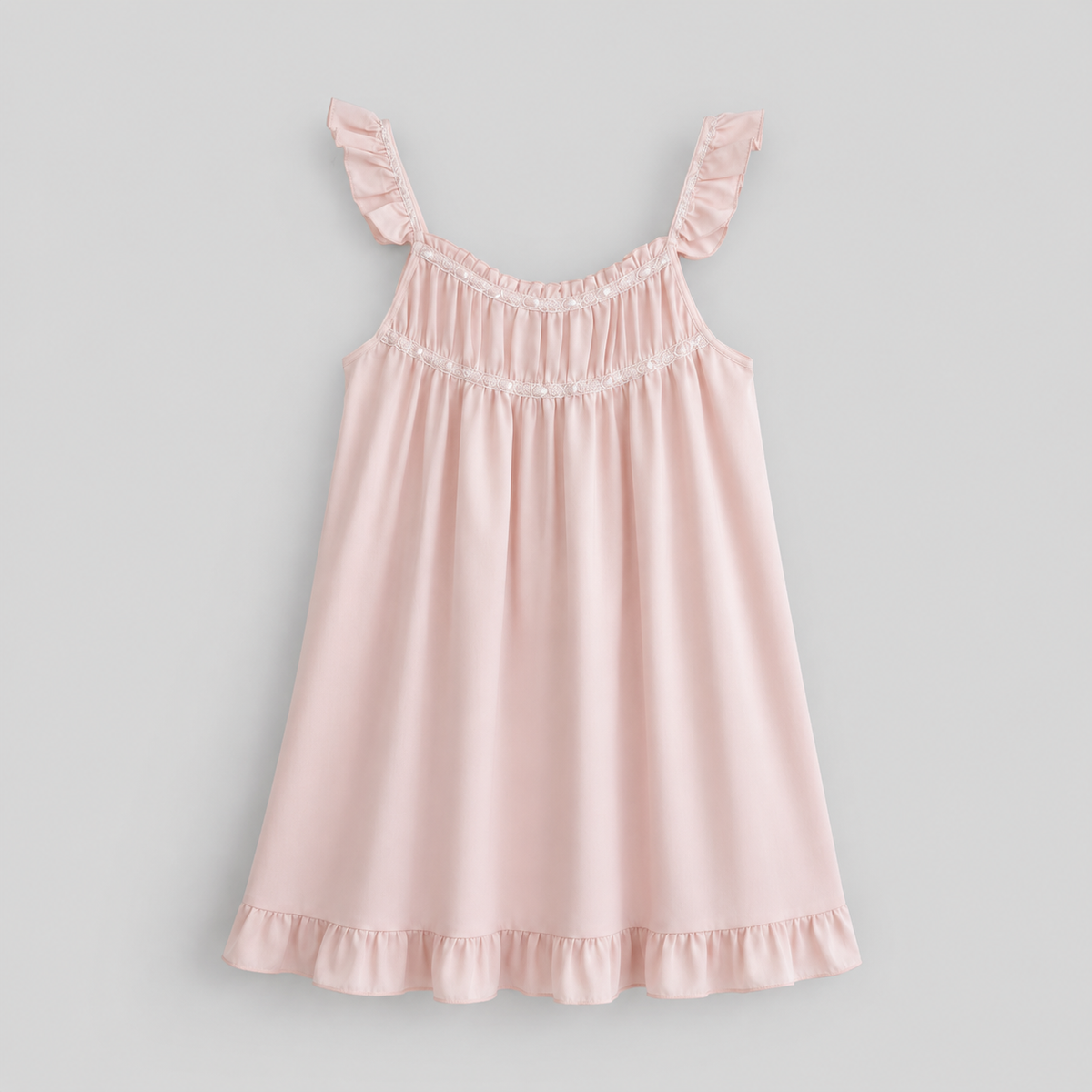 Blush Pink Ruffle Satin Slip Dress | Cottagecore Lace Trim Nightgown