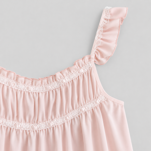 Blush Pink Ruffle Satin Slip Dress | Cottagecore Lace Trim Nightgown