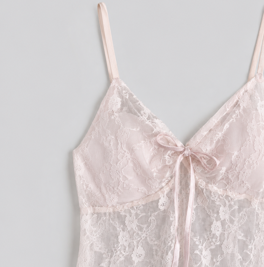 Sheer Pink Floral Lace Babydoll Lingerie Chemise Nightgown – Romantic Bridal Sleepwear