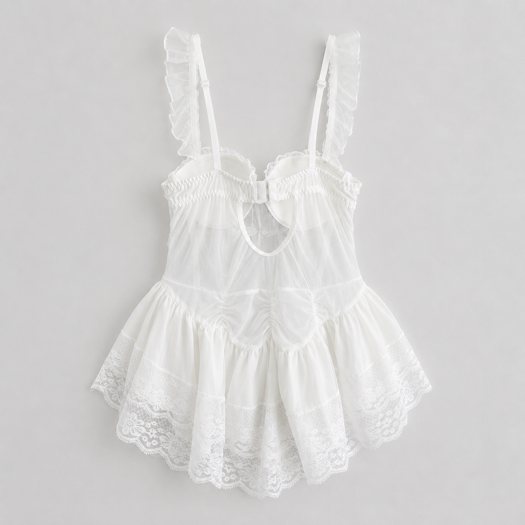Floral Embroidered Lace Corset Babydoll Dress | Romantic Coquette Lingerie | Sheer Mesh Mini Dress with Ruffle Straps