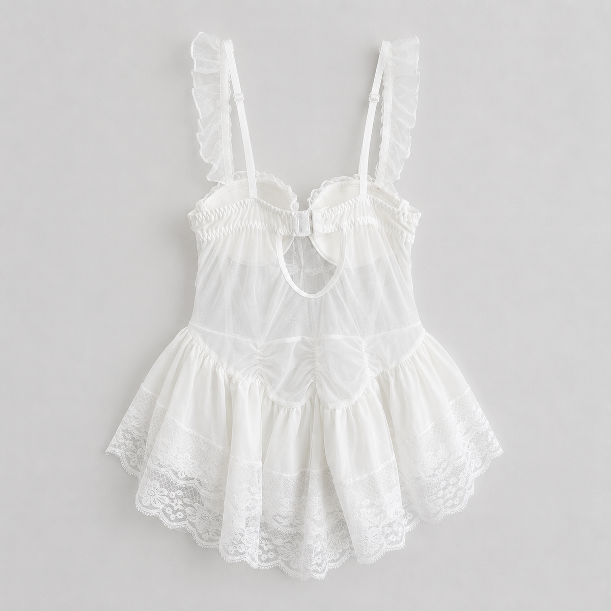 Floral Embroidered Lace Corset Babydoll Dress | Romantic Coquette Lingerie | Sheer Mesh Mini Dress with Ruffle Straps