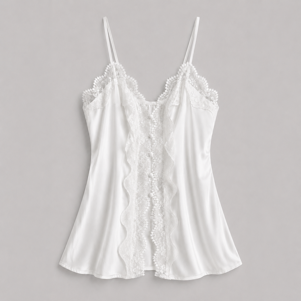 Lace Trim Satin Button Slip Nightgown