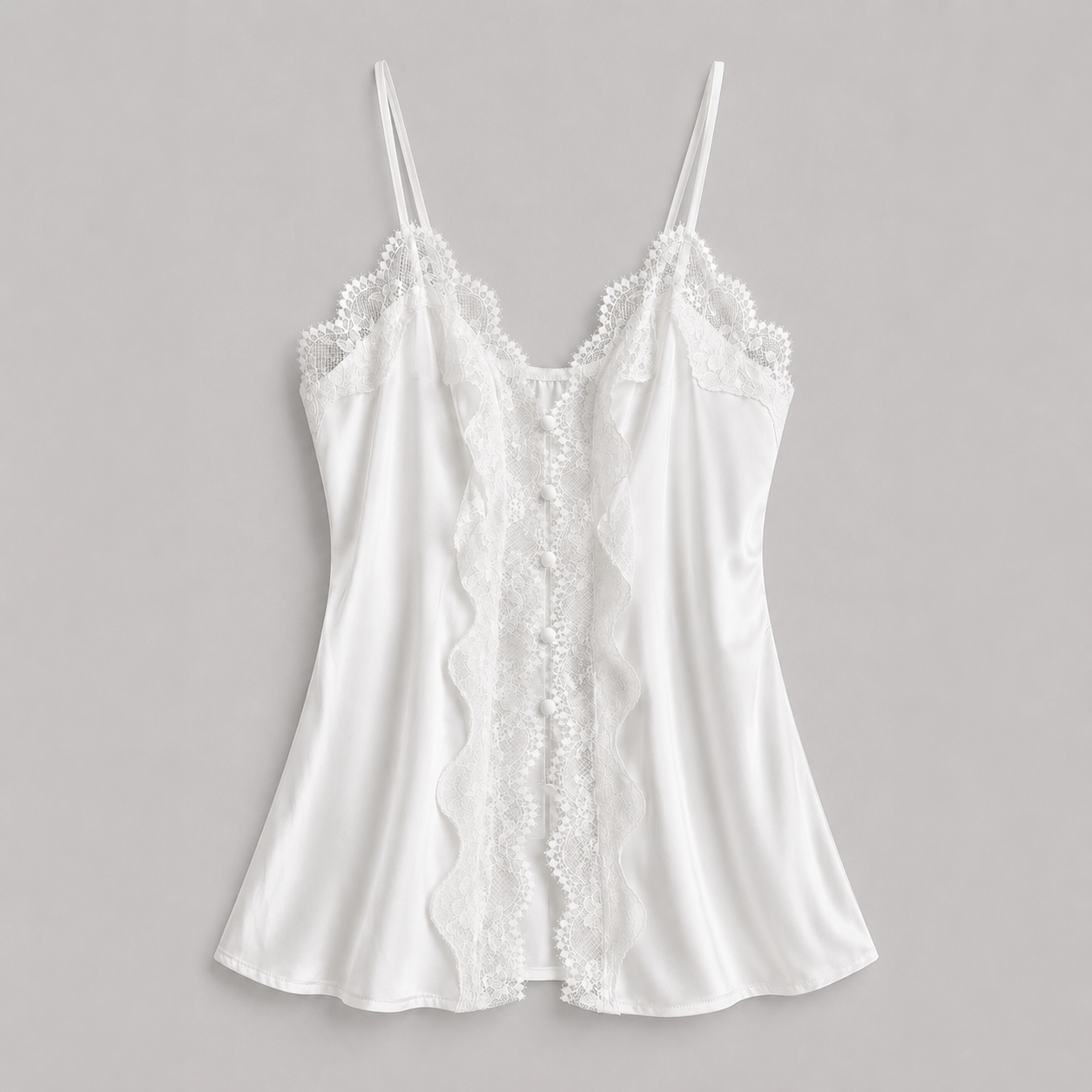 Lace Trim Satin Button Slip Nightgown