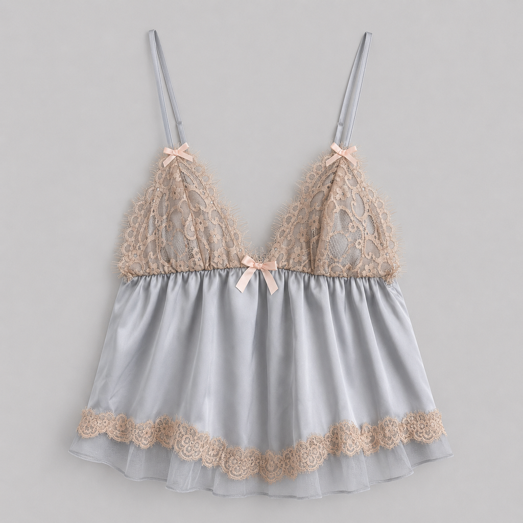 Mist Lace Trim Satin Cami & Wide-Leg Pants Set