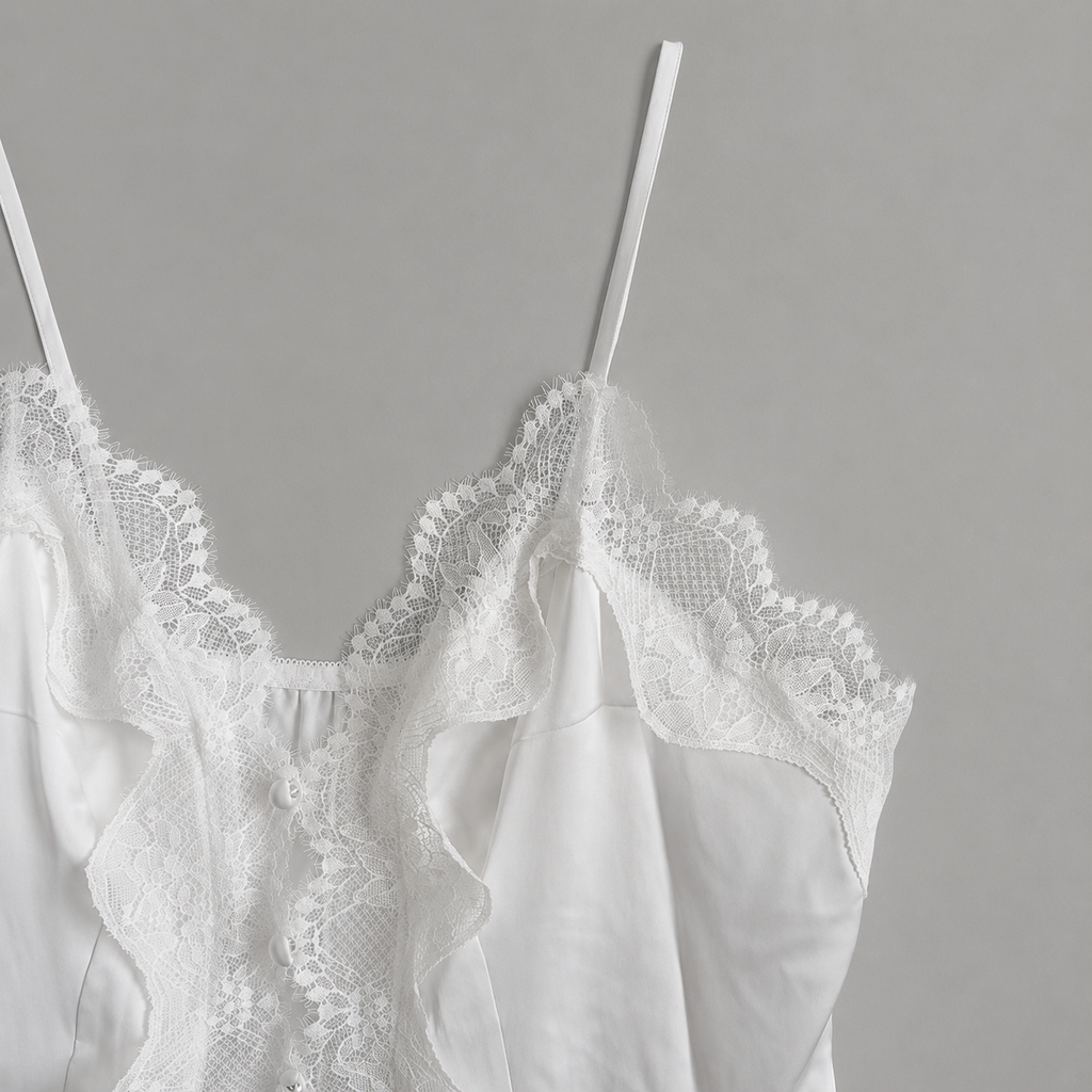 Lace Trim Satin Button Slip Nightgown