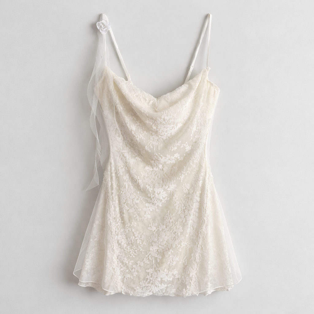 Velvet & Lace Cowl Neck Rosette Strap Mini Dress