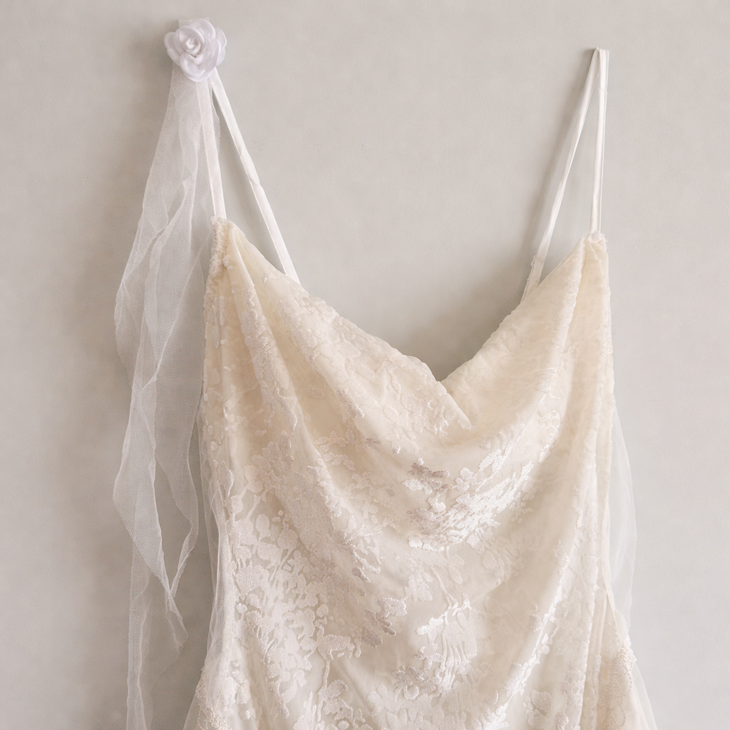 Velvet & Lace Cowl Neck Rosette Strap Mini Dress