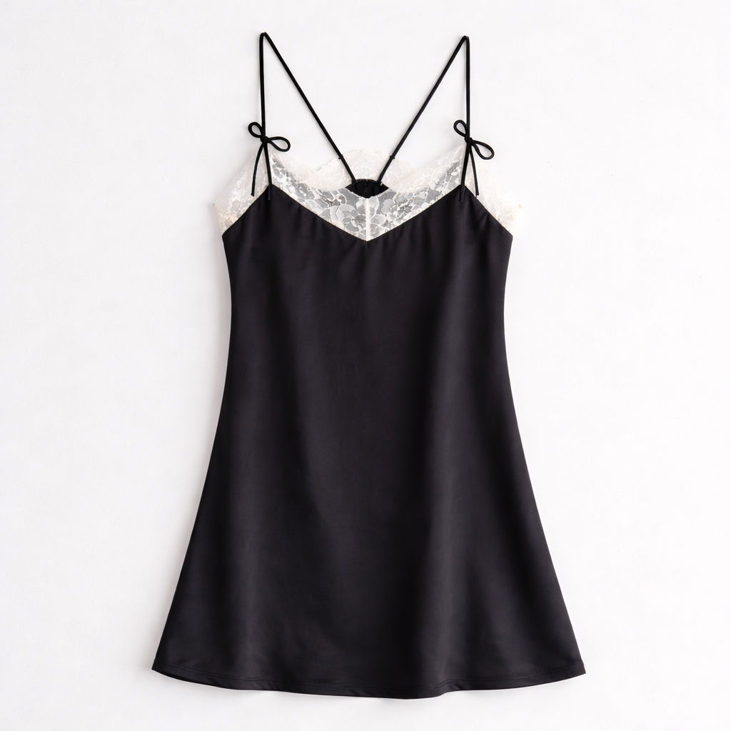 Black Lace Detail Satin Cami Dress