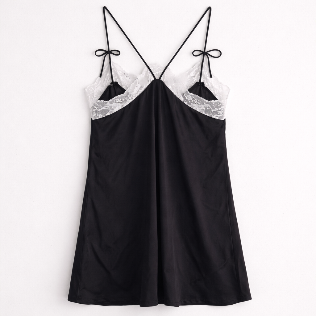 Black Lace Detail Satin Cami Dress