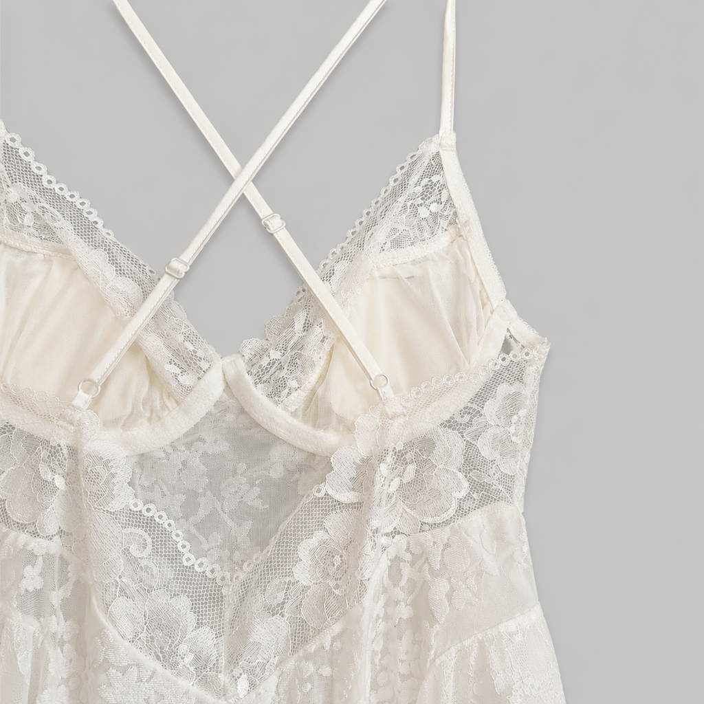 Ivory Velve Floral Lace Babydoll Dress