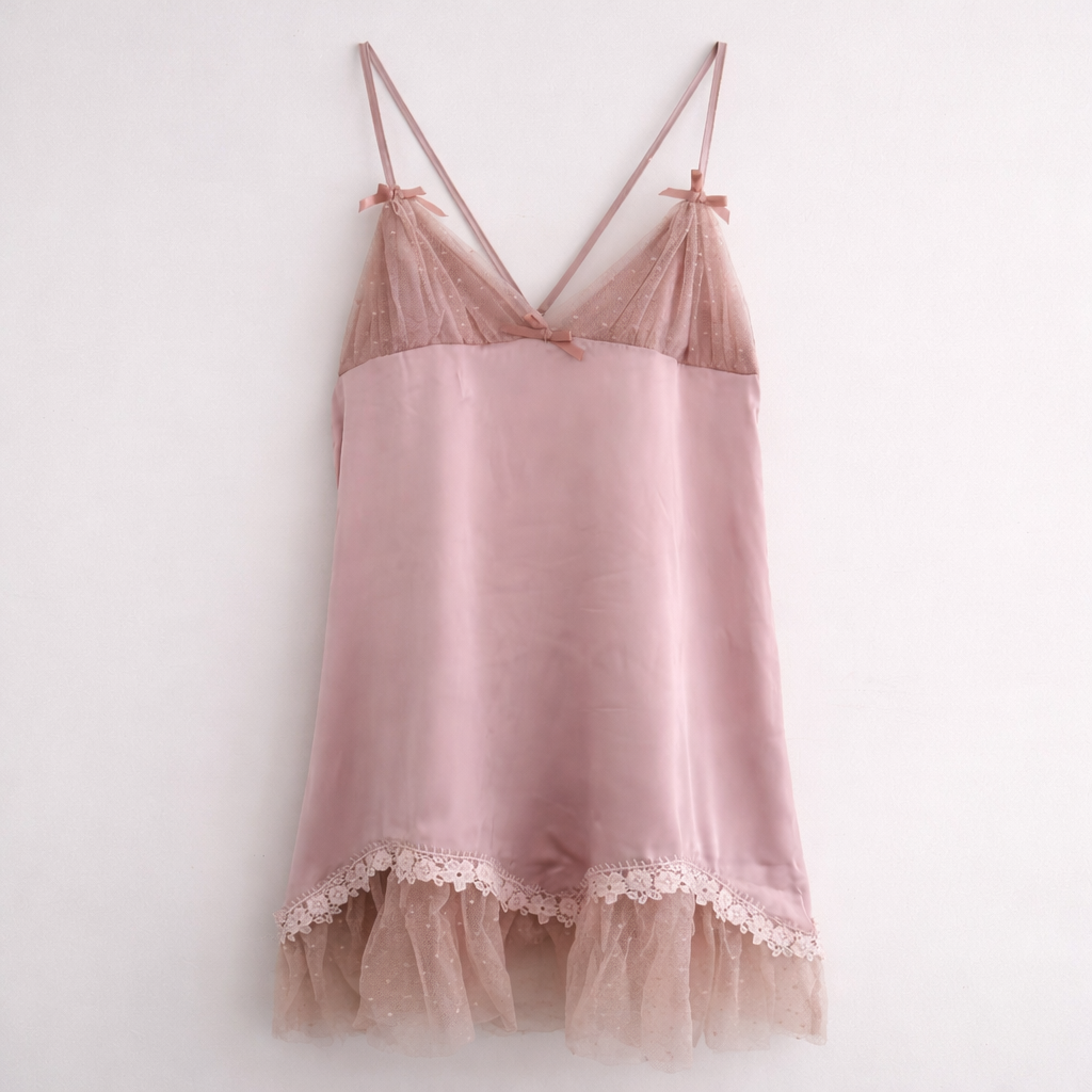 Blush Satin Mesh Ruffle Mini Slip Dress
