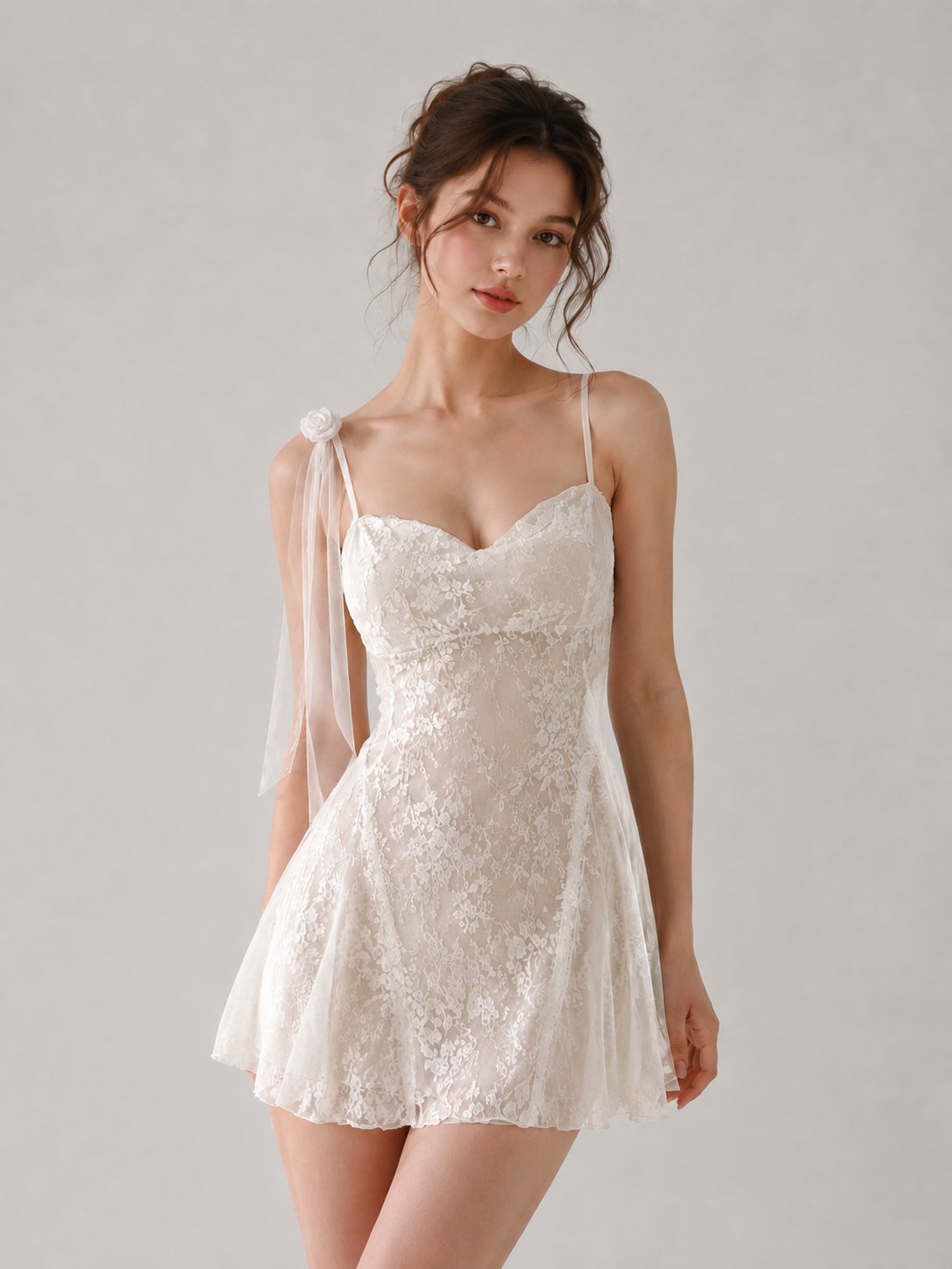 Velvet & Lace Cowl Neck Rosette Strap Mini Dress