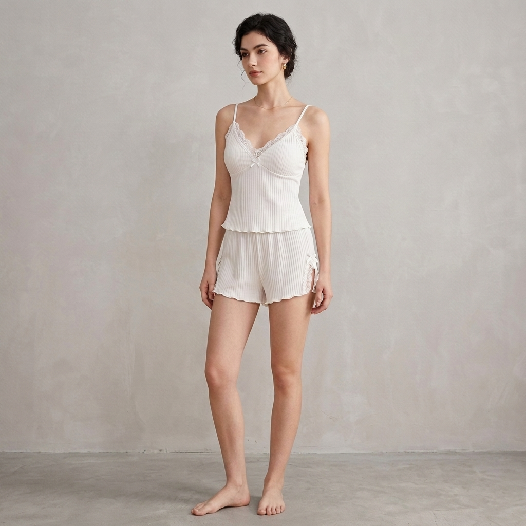 Ivory Ribbed Lace Trim Cami & Shorts Set