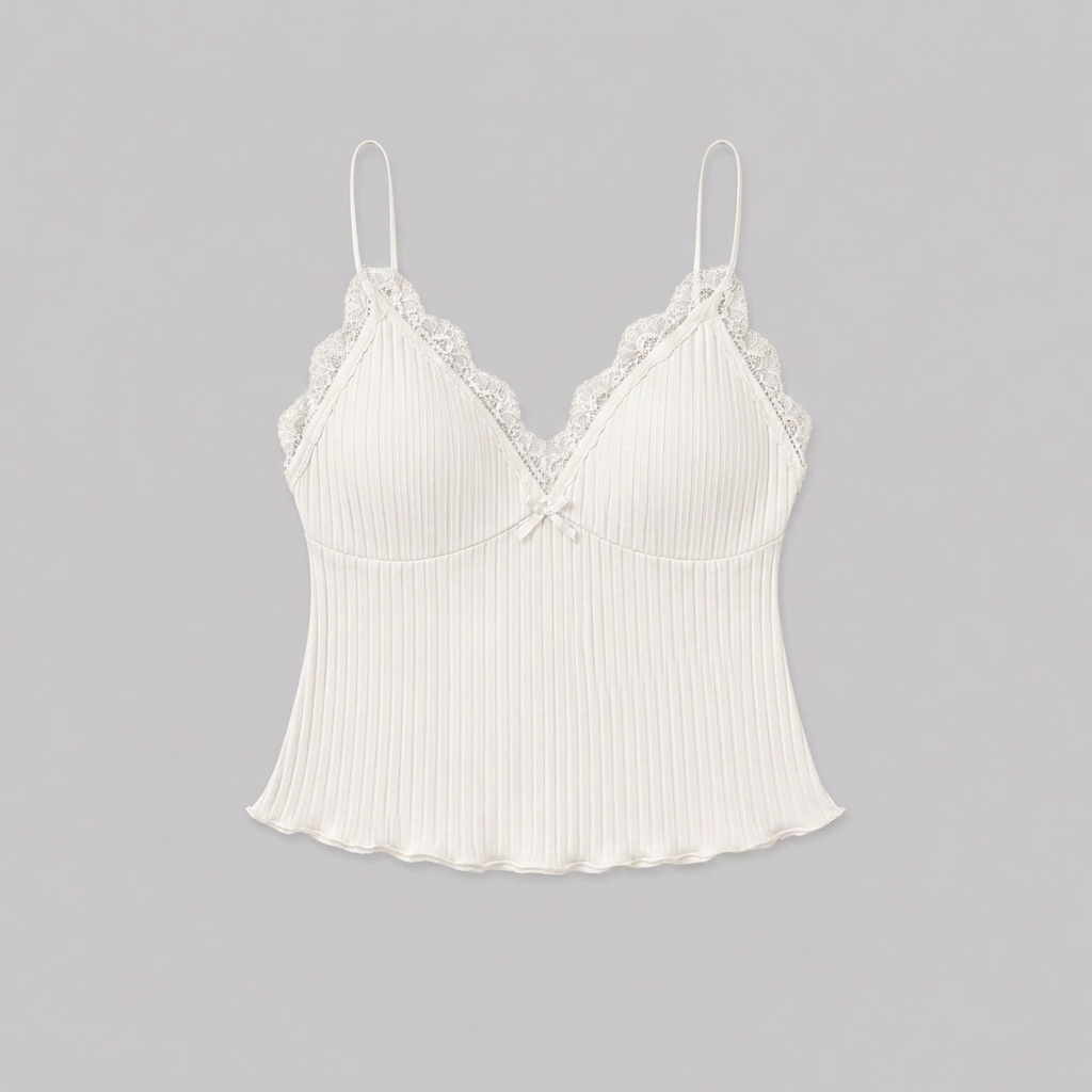 Ivory Ribbed Lace Trim Cami & Shorts Set