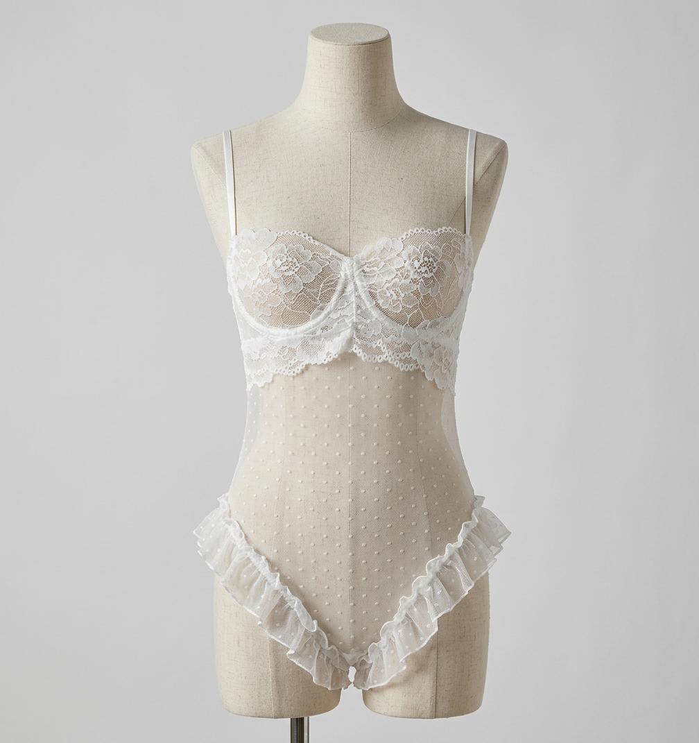 White Lace Bustier Polka Dot Mesh Ruffle Bodysuit
